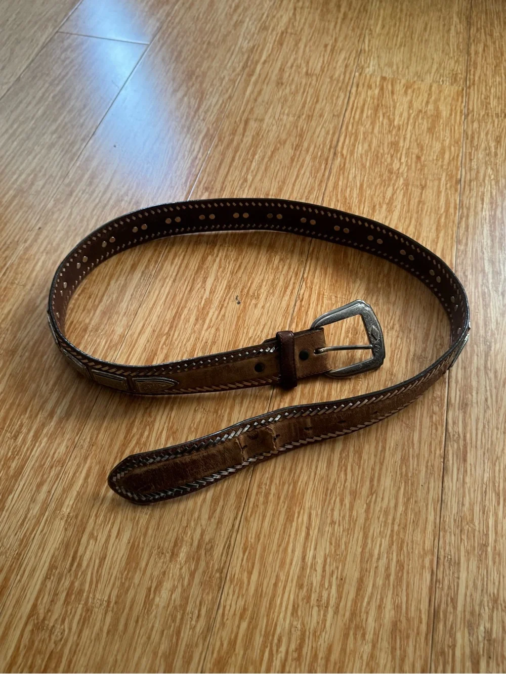 Vintage Justin brown leather silver hardware western style belt
